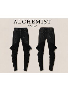 Alchemist Talia Jeans 25 Black Distressed Leather Overlay Zip Skinny Made  Italy